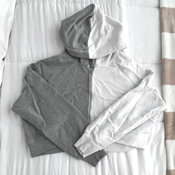 cropped color block zip up hoodie - white & gray - Picture 1 of 3